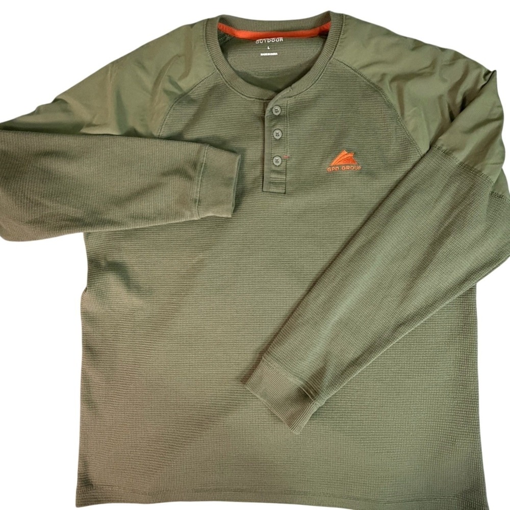 GPD‎ GROUP Men Olive Green Waffle Knit Long Sleeve Henley Outdoor Size L Utility